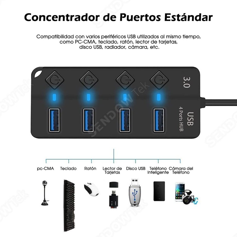 Sendowtek Hub USB 3.0 Universal 4 Puertos Multi USB 3.0