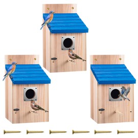 Dreyoo 3 Pack Cedar Bluebird Box Houses for Outside, 1-1/2'' Entrance Hole Wooden Bird Houses with Metal Guard, Secure Latch, Fledgling Grooves, Air Vents for Bluebird Wren Swallow