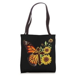 Faith Cross Sunflower Butterfly Christian Vintage Tote Bag