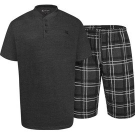 Kam Mens Grandad Tee & Checked Short Lounge Set - Grey - 2XL