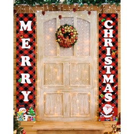 FINPAC Christmas Decorations Porch Banner, Outdoor Yard Front Porch Sign Set, Red Plaid Door Banner, Merry Christmas Hanging Banner Flag for Home Indoor Outdoor Xmas Decor Wall Front Door Yard Garage