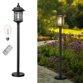 Emliviar Outdoor Solar Floor Lamp with Remote Control, Waterproof Solar Powered Path Lighting in Black Finish, LED Portable Street Light with Water Grain Glass, 2084PL-ML SL BK