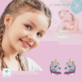 VICKWOOD Unicorn / Butterfly / Heart Stud Earrings Made of 925 Silver in Pink/Gold/Silver Earrings with Zirconia / Mother of Pearl for Girls, Silver, Cubic Zirconia