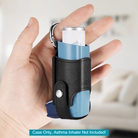 MEDMAX Asthma Inhaler Holder PU Leather Protective Travel Handy Mini Holster, Lightweight Carrying Case with Carabiner Clip, Inhaler Not Included (Case Only), Black