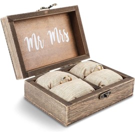 Juvale Wooden Two Become One Wedding Ring Box with Burlap Pillow Lining, Hinge Clasp Closure Wedding Ring Holder for Ceremony, Anniversaries, and Marriage Renewal (6x4x2 in)