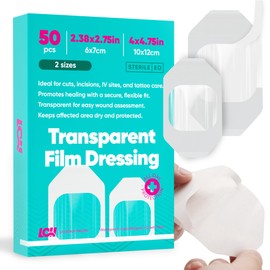 LCH 50 Pack Transparent Film Dressing Waterproof I 2 Sizes: 2.38" x 2.75" & 4" x 4.75" I Waterproof Bandages for Swimming, Second Skin Tattoo Cover, Transparent Dressing Waterproof