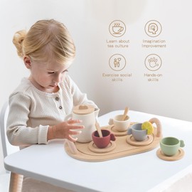 OESSUF Tea Party Set Kids Wooden Tea Set for Little Girls and Boys, Kids Play Kitchen Accessories Toy Dishwasher Safe Tea Set for Toddler, Pretend Play Toddler Tea Set Ideal Christmas Birthday Gift