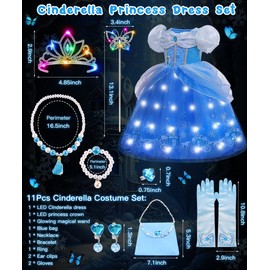 COYBTO Princess Costumes for Girls, Light Up Belle Cinderella Rapunzel Dress Up for Girls with Luminous Crown Necklace Sets, Belle Princess Dress, Kids Fancy Dress for Carnival Party