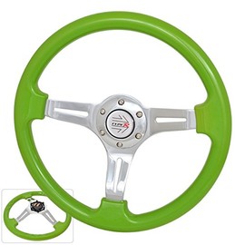 AJP Distributors 350mm 6 Bolt Steering Wheel Streak Style Silver Aluminum Center Lime Green + Type-R Button