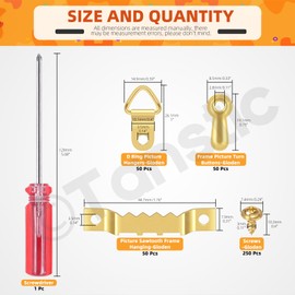Tanstic 401 Pieces Picture Hanging Kit, Sawtooth Picture Hanger, Triangle Ring, Picture Hanger, Turn Button Fasteners with Screws and Screwdriver for Hanging Pictures, Photos (Gold)