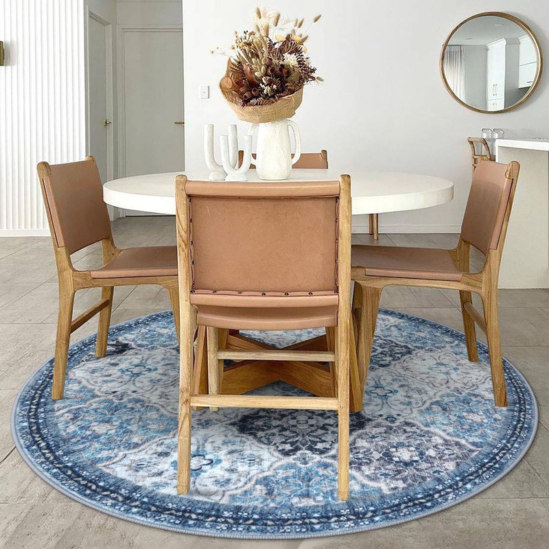 KILOCOCO Moroccan Super Soft Round Rug 5Ft, Blue/Multi Washable Kitchen