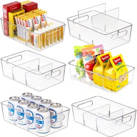 MERATIA Clear Plastic Storage Bins for Fridge and Pantry Organization, Kitchen Cabinet Organizers, 6-Pack (6 Pack-4 Compartment)