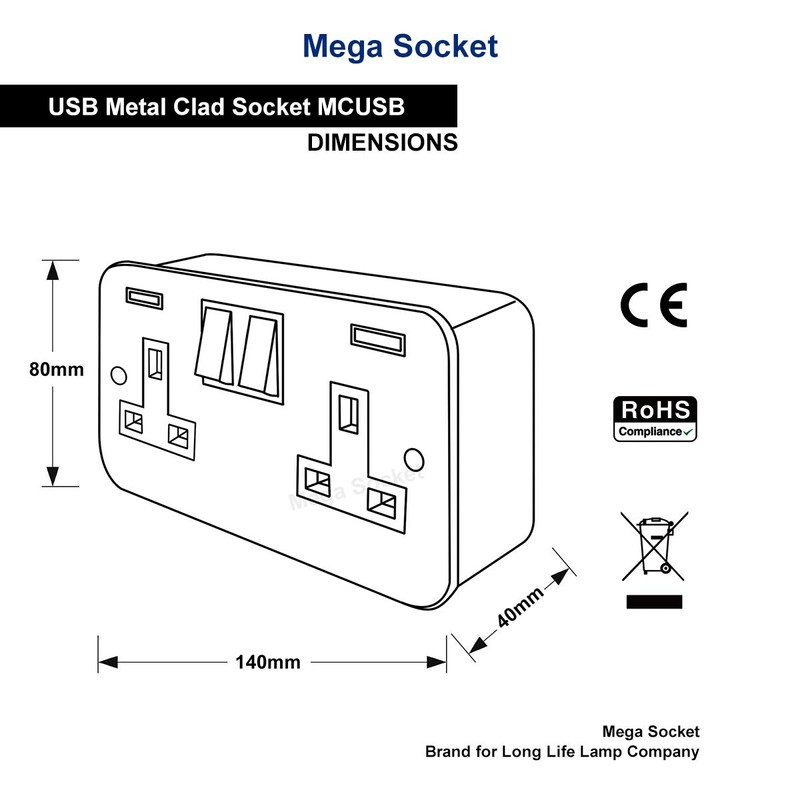 13 Amp Metal Clad Socket 2 Gang Switched Socket 250v