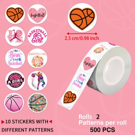 GTOTd Girls Basketball Sports Dot Stickers Roll Labels(1000 pcs) Basketball Sticker Decoration Decal Gifts Merch Party Supplies in 2 Rolls with 10 Patterns for Laptop Window Luggage Guitar Skateboard