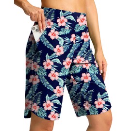 G Gradual Women's High Waisted Swim Board Shorts 11" Knee Length Beach Swimming Long Shorts for Women with Pockets Liner(Navy Flower,3XL)