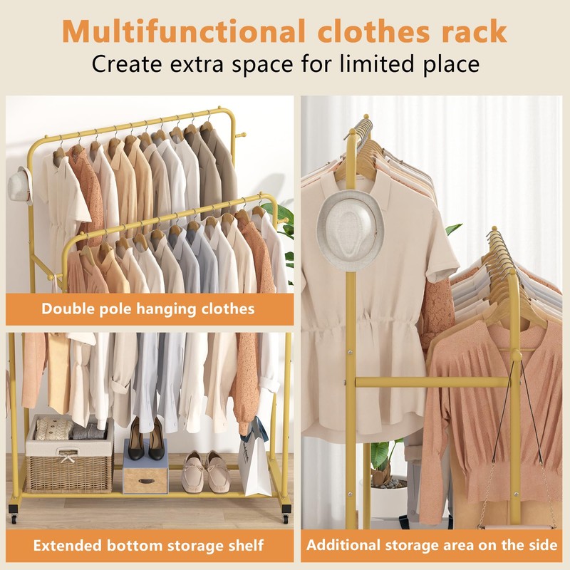 Laiensia Double Rods Garment Rack with Wheels, Clothing Rack for