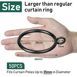 TOKPLNU Metal Curtain Rings 50 Pack, 38mm Internal Diameter Large Curtain Rings Black Curtain Pole Rings Drapery Sliding Eyelet Hanging Rings for 35mm Drapery Poles, Shower Rods