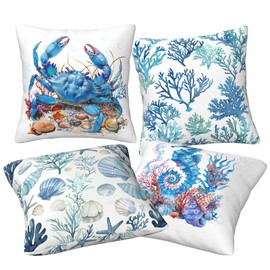 Ocean Theme Nautical Square Throw Pillow Case Beach Summer Throw Pillow Covers Seahorse Crab Mediterranean Style Decorative Cushion Case for Sofa Couch Bed Set of 4 18"X18"