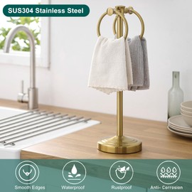 Hoimpro 17" Brushed Gold Free Standing Towel Rack Bracket, Double Towel Ring Hand Towel Stand Holder, Bathroom Hardware Accessories Set Towel Bar for Bathroom Vanities and Kitchen Countertops