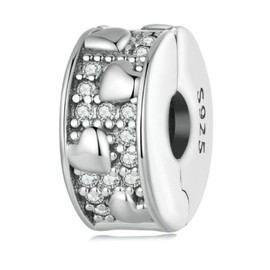 MEETCCY 2pc Clip Spacer Charm Bracelets for Women 925 Sterling Silver Blue White Crystal Charm Clip Lock Spacer Stopper Charm Bead for Bracelet(Heart Silver-2PC), crystal, Cubic Zirconia