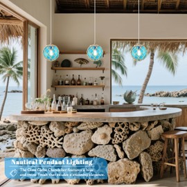 6" Blue Coastal Pendant Light Kitchen Island,Glass Globe Ocean Ceiling Light Fixture Beach House,Dimmable Hemp Rope Light Fixture Hanging For Bathroom Living Room Farmhouse Entry Bedroom(Bulb Incl.