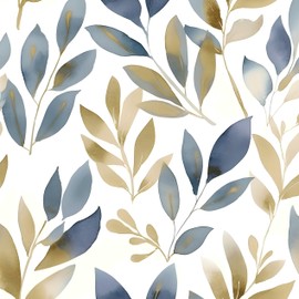 Leaf Wallpaper Peel and Stick, Golden Blue Leaves Contact Paper 17.5" x 118", White Gold Botanical Wall Paper Self Adhesive Waterproof Removable for Room Shelves Cabinet Drawer Table Decor