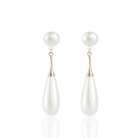 Bi&Yamigeo White Double Pearl Drop Earrings for Women,Vintage Gold Plated Long Faux Pearls Teardrop Dangle Pendant Stud Earrings Jewelry for Wedding Prom Party