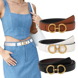 AWAYTR Reversible Belt for Women 2 in 1 Ladies Fashion Leather Belts with Horseshoe Buckle for Jeans - Color: Milk Tea Color/White(shiny Gold Buckle), Fit Waist: 32"-40"