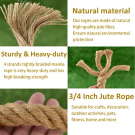 Simsedery Jute Rope (3/4 in X 50 ft), 20mm Thick Natural Hemp Ropes, Heavy Duty Twisted Manila Rope for DIY Arts Crafts, Home Decorating, Gardening, Railing, Tug of War, Landscaping, Bundling, Hammock