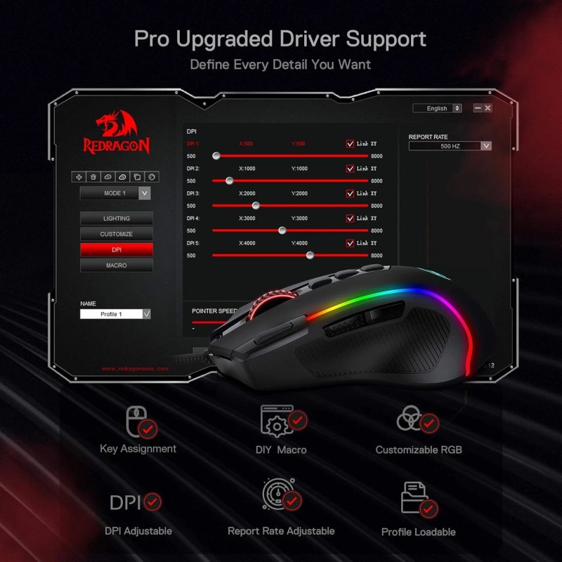Redragon M612 Predator RGB Gaming Mouse, 8000 DPI Wired Optical