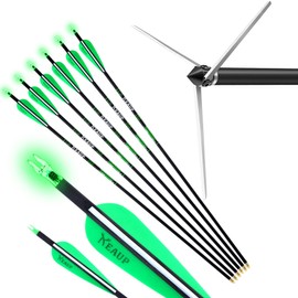 KEAUP 6 Pack 30 Inch Carbon Arrows for Compound Bow with 100 Grain Turkey Broadheads & Lighted Nocks Practice Target Hunting Arrows for Compound Recurve Bow (Spine 350)