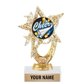 5.5" Gold Glitter Cheer Megaphone Trophies, Custom Astral Star Cheer Megaphone Trophy Award