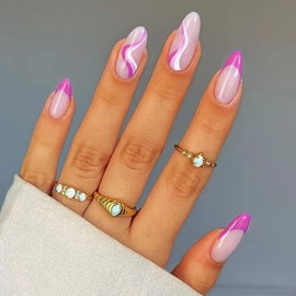 Short Press on Nails French Fake Nails Swirl Design Stick on Nails Full Cover Acrylic Nails Red Square Glue on Nails Cute Short Nails Spring Summer Static False Nails for Women 24Pcs