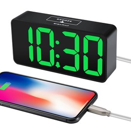 Eachui LED Digital Alarm Clock with USB Charging Port, Large Digits Display, Brightness and Volume Adjustable, Snooze, 12/24HR, Digital Clock Mains Operated (Black & Green)