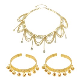 1 x Tassel Belt and 2 x Bell Bracelets, Belly Dance Waist Chain for Women, Open Metal Bracelet, Tassel Pendant, Metal Tassel Accessories, Suitable for Prom, Wedding (Gold), No, No