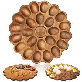 Gosodeny Acacia Wood Deviled Egg Platter 11 Inch 25 Holes Round Deviled Egg Serving Tray Reversible Charcuterie Board Cutting Board Serving Platter Easter Chrismas Thanksgiving Holiday Gatherings