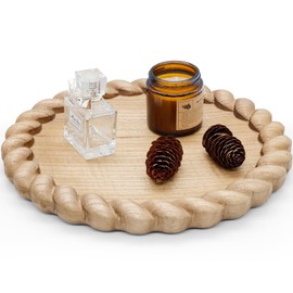 11.8'' Wood Decorative Tray, Round Serving Tray, Wooden Tray Candle Holder, Round Ottoman Tray, Serving Tray with Wave Pattern Border for Decor Countertop, Coffee Table, Dinning Room Table