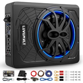 LUVUMVLT 1200W 10" Car Subwoofer, Slim Under Seat Powered Subwoofer and Amp Package,High/Low Level Input, Car/Truck Audio Sub Built-in Amplifier amp Combo Package, with Blue LED Light