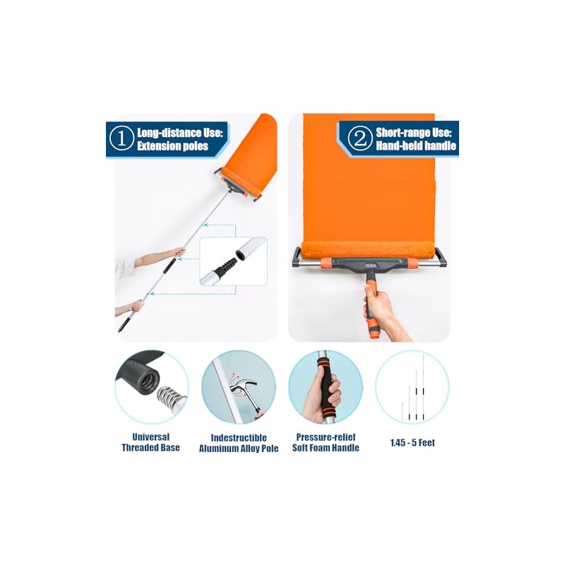 10pcs 12"-18" Adjustable Large Paint Roller Kit: 1-5Ft Aluminum Extension
