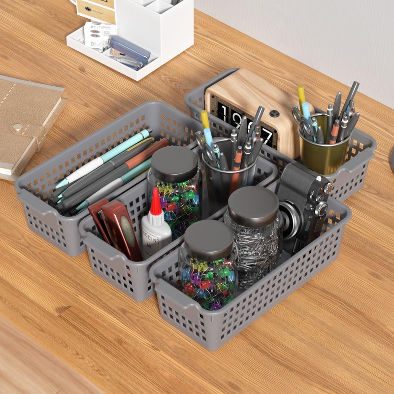 Ramddy Slim Plastic Storage Baskets, Gray Small Shelf Baskets, 4