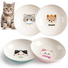 Kitwinney Cat Bowls, Ceramic Cat Food Bowl Set with White Silicone Ring for Non Slip, Cute Cats Dishes or Plates for Feeding Indoor Cats, Kitten, Small Dogs (Multicolored 4 Pack-Cute Pet, 5.5 Inches)