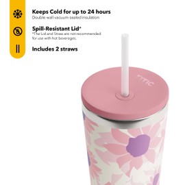 RTIC 20oz Everyday Tumbler Insulated Stainless Steel Portable Travel Coffee Cup with Straw, Spill-Resistant Lid, BPA-Free, Hot and Cold Drink, Pink Water Lilies