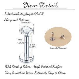 Besyvvin 925 Sterling Silver Lip Piercing Helix Tragus Cartilage Stud 6 mm Butterfly Flower Stone Piercing Lip Stud, Silver