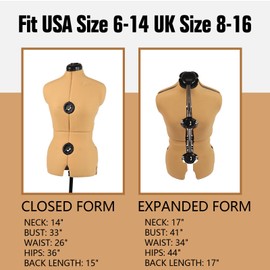 Turmeric Adjustable Dress Form Mannequin for Sewing Female Size 6-14, Pinnable Model Body with 13 Dials, Detachable Casters, 42.5"-60" Height Range for Clothing Display, Small to Medium
