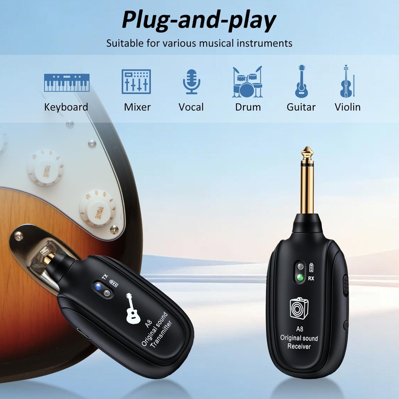 A8 Wireless Guitar Transmitter Receiver System, 2.4GHz Rechargeable, 24-bit/48KHz Audio,