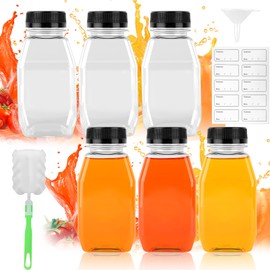 HOCUCHELAND 6 Pack 9.5oz/280ml Mini Fridge Bottles, Leak-Proof Juice Bottles with Lids Funnel Brush Stickers, Reusable Plastic Small Shot Bottles with Lids, Empty Reusable Bottles for Milk, Water
