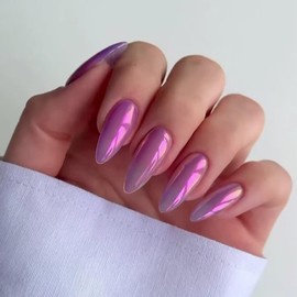 Press on Nails Almond Medium Fake Nails Purple False Nails with Aurora Chrome Design Acrylic Nails Glossy Glue on Nails Full Cover Stick on Nails Shiny Artificial Nails for Women Manicure 24Pcs