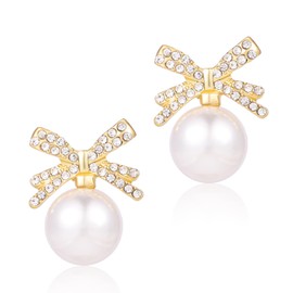 1 Pair Pearl Bow Earrings, Elegant Pearl Drop Dangle Earrings Rhinestone Bow Stud Earrings Dainty Bowknot Earrings Fashion Pearl Statement Earrings Jewelry Gifts for Women Girls