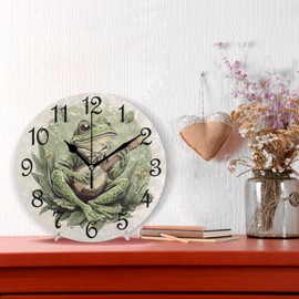 WEVIBOFU Frog Playing Banjo Round Wall Clock Silent Non Ticking Bathroom Clocks 10 Inch Battery Operated Clock for Kitchen Living Room Bedroom Home Decor