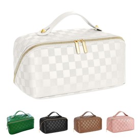 Portable Grid Travel Cosmetic Bag Makeup Bag with Handle PU Leather Makeup Pouch Large Capacity Toiletry Bag (White)
